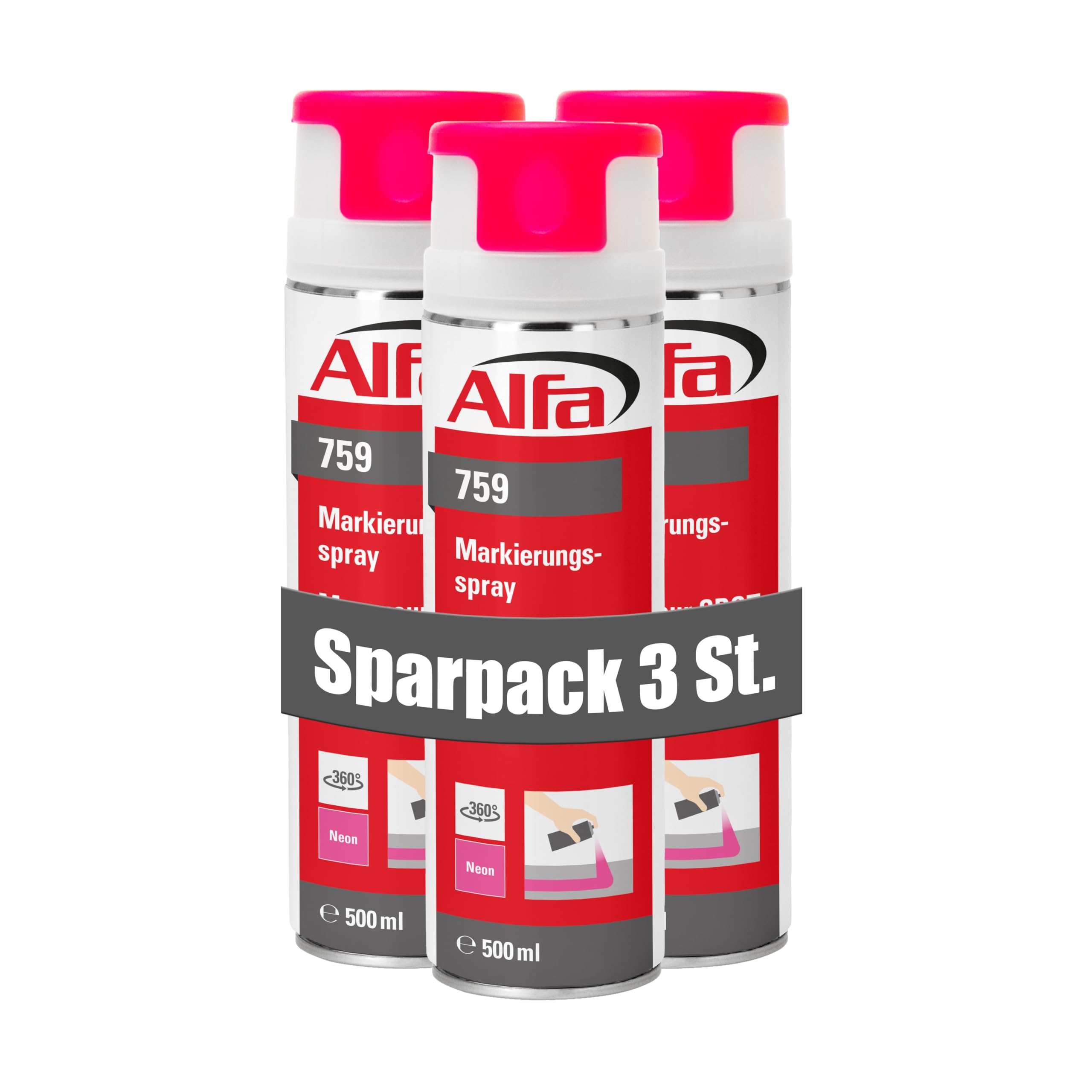 Alfa 3x Markierungsspray neon-pink 500 ml Profi-Qualität für saubere und präzise Markierungen mit flexibler 360° Sprühanwendung (Überkopffunktion)