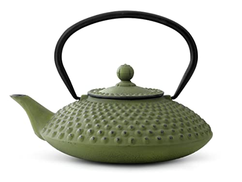 asiatische Teekanne Gusseisen Jing 1,25 ltr. grüne Noppenstruktur