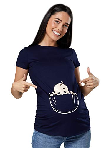 Happy Mama. Damen Baby in der Tasche T-Shirt Top Oberteil für Schwangere. 501p (Marine, EU 36/38, S)