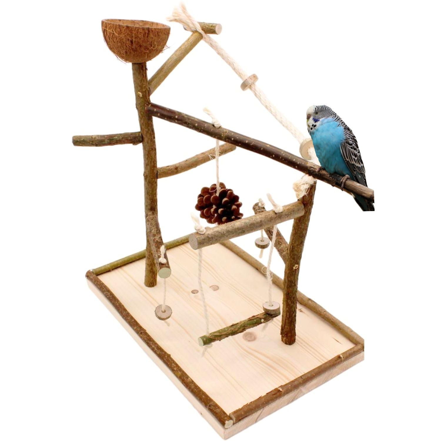 Vogelgaleria Luxus Vogelspielplatz aus Natur Holz mit Abnehmbarer Futterschale | Ideales Spielzeug bei Freiflug für Wellensittich Nymphensittich | Vogelspielzeug