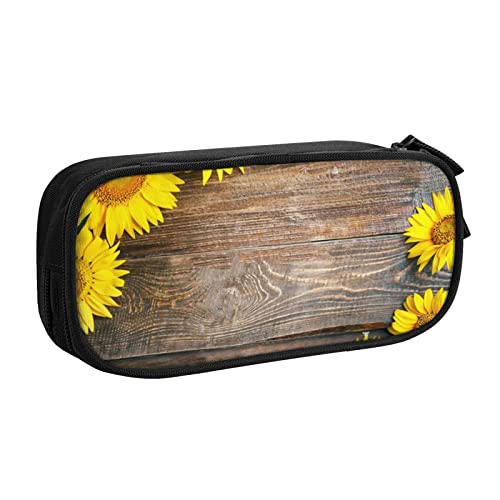 BAAROO Federmäppchen mit Sonnenblume auf einem Holztisch, multifunktional, Make-up-Tasche, große Aufbewahrung, Schreibwaren-Organizer mit Reißverschluss für Büro und Reisen, #644, 21x10.5x5cm