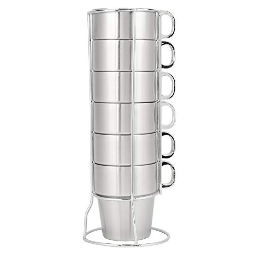 Oumefar 6-teiliges Edelstahlbecher-Set Doppelschichtiges Anti-Verbrühungs-Metallbecher Wiederverwendbares stapelbares Wasserbecher-Kaffeetasse-Getränkebecher-Set mit Becherhalterständer