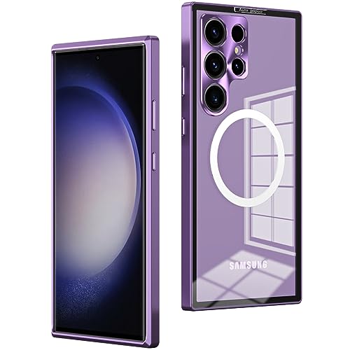 Hülle für Samsung Galaxy S23 Ultra/S23 Plus/S23, Stoßstange Aus Aluminiumlegierung, Kristallklare PC-Rückseite [kompatibel mit MagSafe] mit Sicherheitsschloss und Kameraschutz,Purple,S23 Ultra