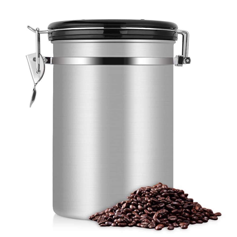 eecoo Kaffeedose, Kaffeedose Luftdicht, Kaffeedose Edelstahl, Kaffeebehälter Luftdichte Aromadose Vorratsdose Edelstahldose Vakuum Dose für kaffeebohnen dose, Pulver, Tee, Nüsse(Silber, 1.8 Liter)