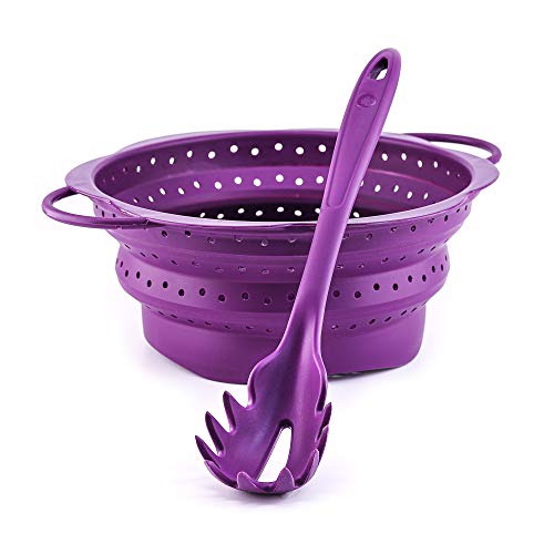 Kochblume Spaghetti Set | Pastalöffel mit faltbarem Sieb aus Silikon (lila)