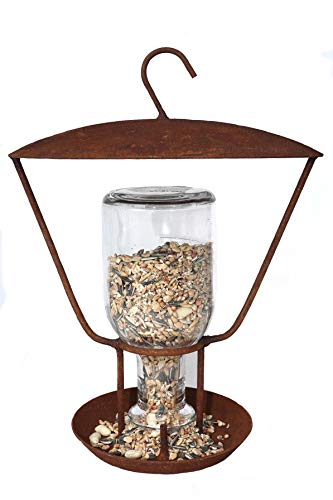 terracotta24 Vogelfutterstation mit Glasflasche aus Metall in Naturrost Rost, zum Stellen oder Hängen, Futterspender, Futterstation für Wildvögel (1 Stück)