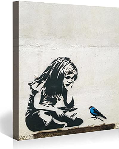 MJEDC Banksy Bilder Leinwand Girl with Blue Bird Graffiti Street Art Leinwandbild Fertig Auf Keilrahmen Kunstdrucke Wohnzimmer Wanddekoration Deko XXL 40x60cm