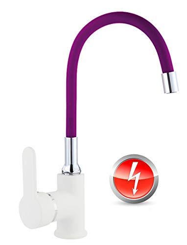 Niederdruck Spültischarmatur FLAMINGO Küchenarmatur Einhandmischer Wasserhahn Armatur Küche flexibler Auslauf weiss-violett
