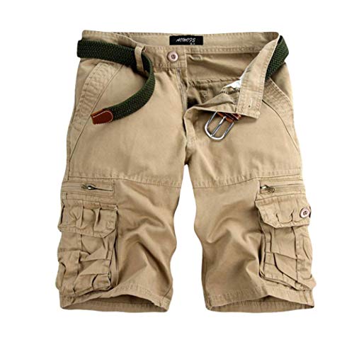 KEERADS Herren Shorts Sommer Cargo Chino Bermuda Vintage Kurz Hose mit Taschen (Kein Gürtel)(31,Beige)