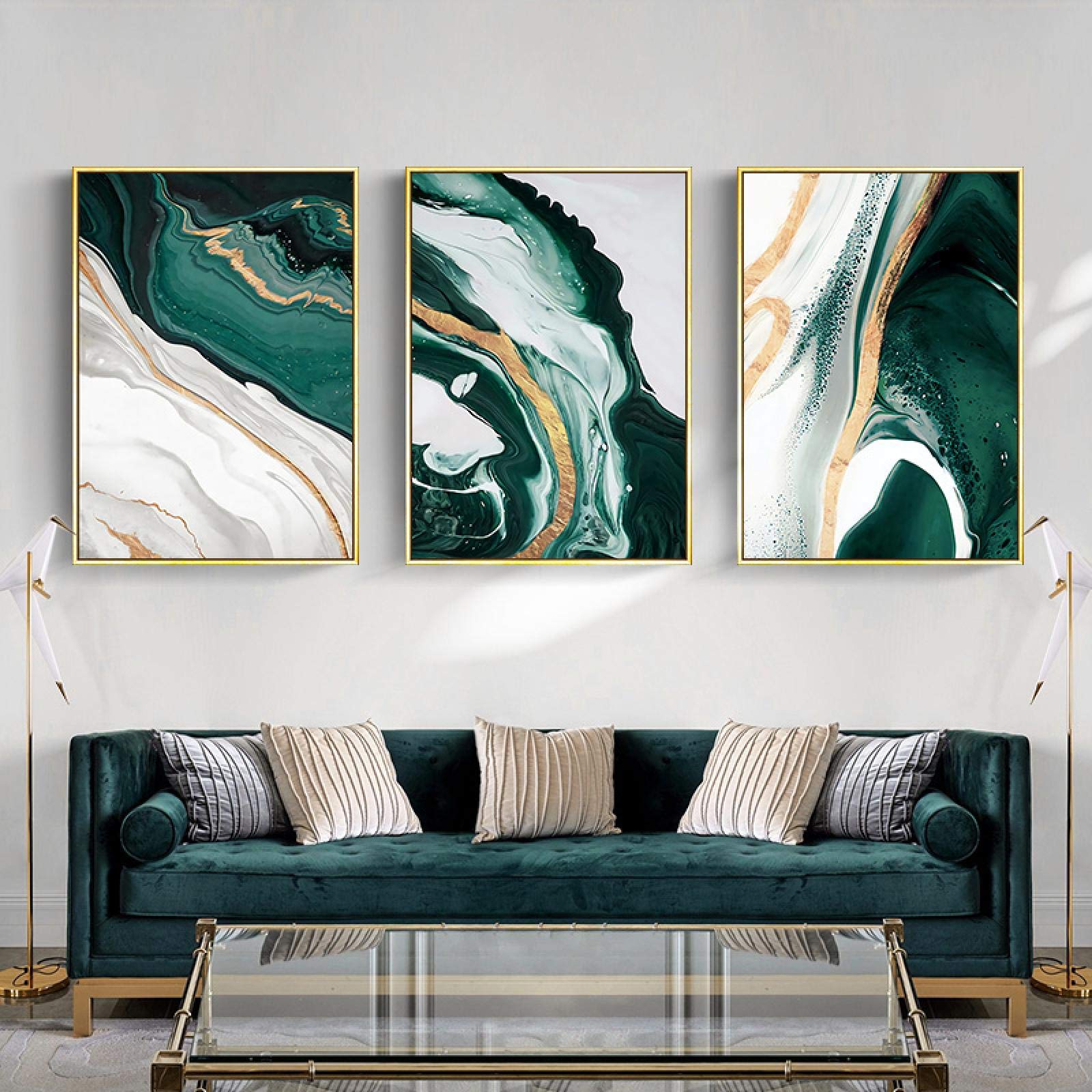 Nordischer Stil Grüne abstrakte Marmor Leinwand Malerei Wohnzimmer Dekoration goldene Kunst Wandbild Wandkunst Home Decor 60x80cmx3 Rahmenlos