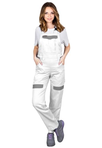 CORTON-L-B Damen-Schutzlatzhosen: 100% Baumwolle, 260 g/m², Vielseitige Taschen, Anpassbare Passform, Reflektierend, Farbe: Weiß-grau, Größe 48