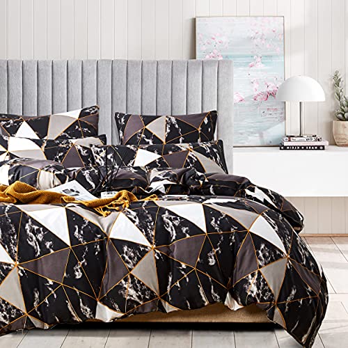 Damier Geometrische Bettwäsche 200x200 Schwarz Weiß Gold Marmor Dreiecke Muster Bettbezug Set Weiche Microfaser Bettbezug mit Reißverschluss und 2 Kopfkissenbezüge 80 x 80 cm