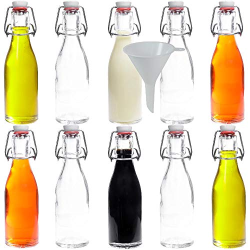 Viva Haushaltswaren - 10 x kleine Glasflasche 200 ml mit Bügelverschluss aus Porzellan zum Befüllen, als kleine Likörflasche & Saftflasche verwendbar (inkl. Trichter Ø 7 cm)