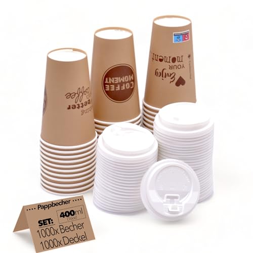 CLEARFEE Premium Pappbecher Kaffeebecher 400ml | 0,4l - 16oz Groß | Gastro Qualität | Einwegbecher Coffee to go Becher, für heißen und kalten Getränken (1000 Becher + 1000 Deckel)