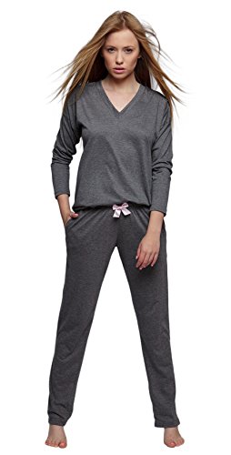 Moonline nightwear SENSIS stillvoller Baumwoll-Pyjama Schlafanzug Hausanzug aus feinem Langarm T-Shirt und bequemer Hose, Graphit, Gr. S (36)