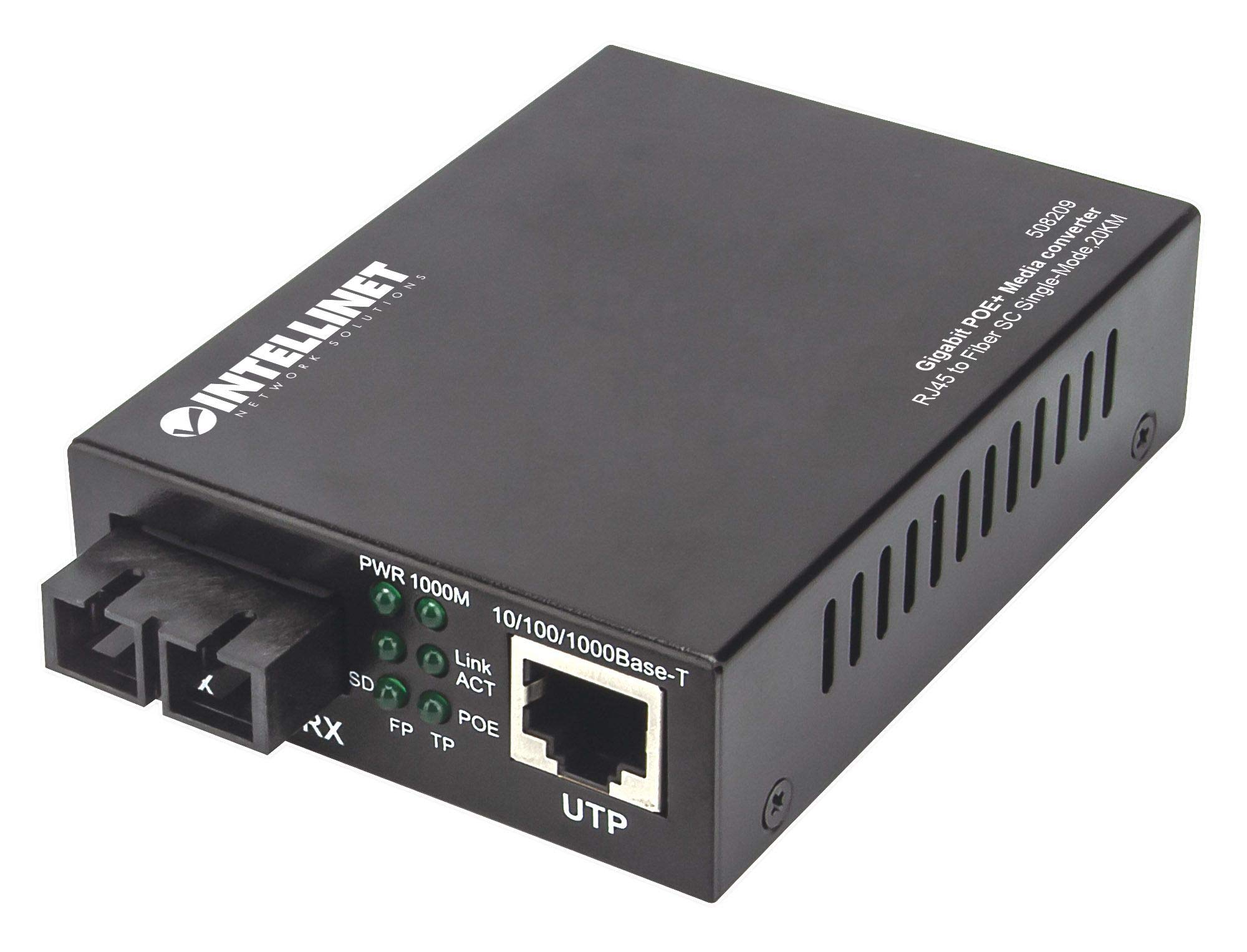 Intellinet Gigabit PoE + Medienkonverter SC Singlemode 20km, 508209, schwarz, 10/100/1000 mbit/s