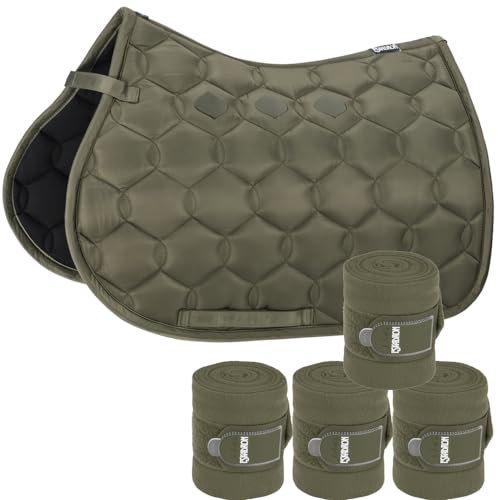 Eskadron Set Schabracke Glossy Wave Olive mit doppel Kordel & Bandagen, Größe:Dressur (DL)