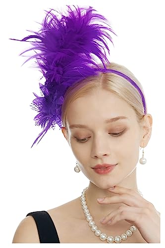 Damen-Fascinator mit Federn im Stil der 1920er-Jahre, Stirnband, Tee-Party-Blumen-Kopfbedeckung, Derby-Blumen-Kopfbedeckung for Cocktail-Gatsby-Hochzeit (Color : Purple, Size : 1)