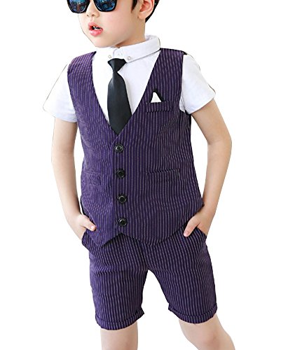 GladiolusA Jungen Festliches Anzug-Set Dreiteilig Kinder Anzug Weste + Shorts + T-Shirt Violett /110