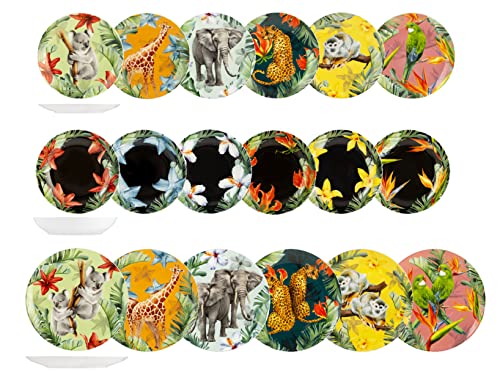 H&H Tafelservice, 18 Teller, Form Coupe, Linie Exotic, Tiere und Natur, Porzellan mit Dekor auf Emaille, mehrfarbig, Stück