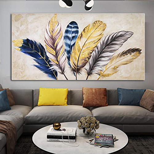 Wandbild Big Size Poster und Druck Nordic Golden Feather Painting Moderne abstrakte Leinwand Malerei Wandbilder für Wohnzimmer-60x120cm Kein Rahmen