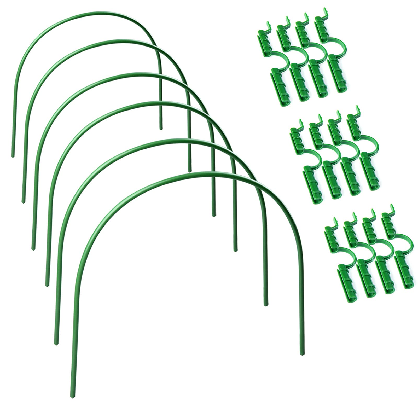 YHNJI 6er-Pack Gewächshaus-Reifen & 12er-Pack Gewächshaus-Klemmen, Gartentunnel-Reifen mit Kunststoffbeschichtung, rostfreier Wachstumstunnel für Pflanzenabdeckung, Unterstützung von Gartenpfähle