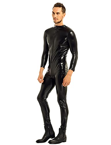 YiZYiF Herren Wetlook Bodysuit Overall Lack Leder Jumpsuit Gummi Latex Ganzkörperanzug Erotik Reizwäsche Party CluubwearS-3XL Schwarz XL