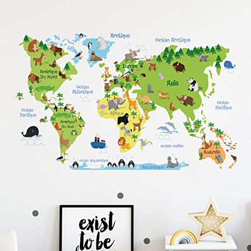 Sticker für Kinder | Wandaufkleber Weltkarte – Wanddekoration Kinderzimmer | 75 x 120 cm