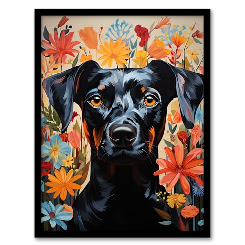 The Good Dog Floral German Pinscher Portrait Artwork Framed Wall Art Print A4