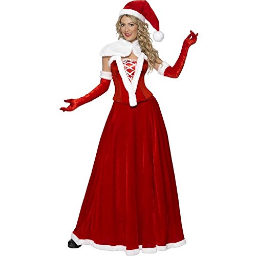 Fever, Damen Weihnachtsfrau Deluxe Kostüm, Mütze, Umhang, Korsett, Rock und Handschuhe, Größe: M, 36985