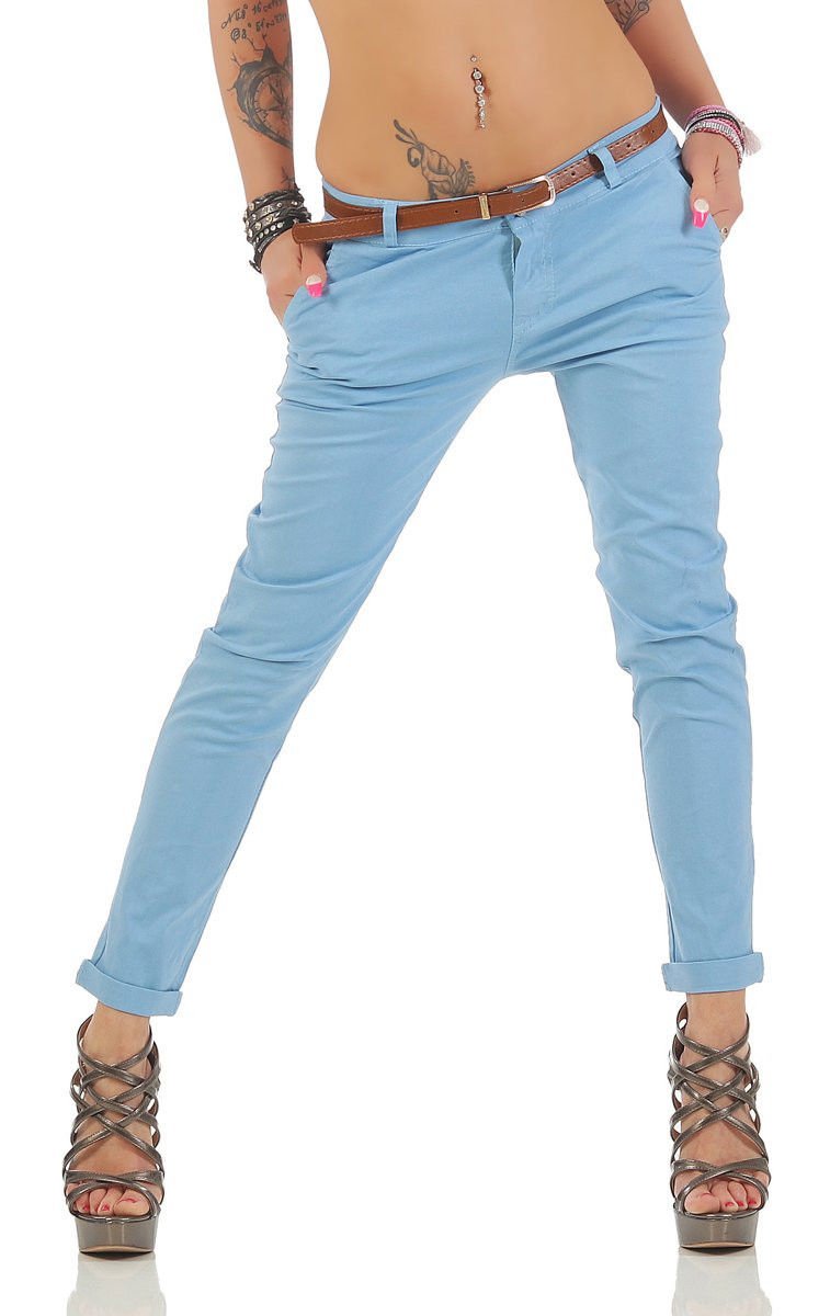 Fashion4Young Damen Skinny Chino Pant Hautenge Treggings Stretch-Stoff Damenhose mit Gürtel (XL=42, 11146-hellblau)