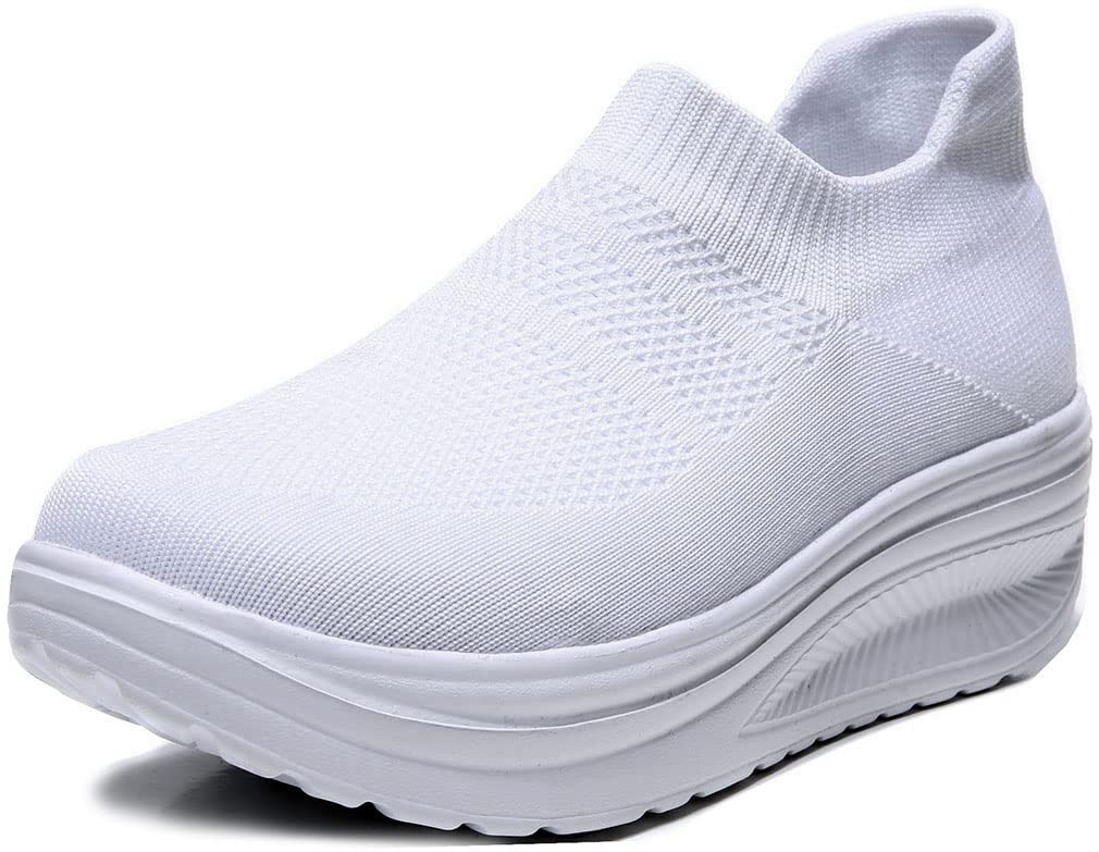 Solshine Damen Plateau Slip on Sneakers Fitness Walking Leichte Turnschuhe D251 Weiss 39EU