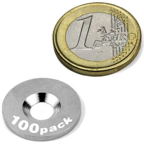 100 Metallscheiben mit Bohrung und Senkung - Ø20 x 2mm - aus Stahl (DC01) verzinkt - Metallplättchen rund mit Loch (Senkbohrung) - Gegenstück/Haftgrund für Magnete (ferromagnetisch), Menge:100 Stück