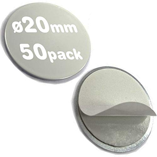 Metallscheiben selbstklebend weiß ohne Loch - aus Stahl (DC01) - Ø 20mm x 2mm - Metallplättchen rund mit Doppelklebeband - Gegenstück/Haftgrund für Magnete, Menge:50 Stück