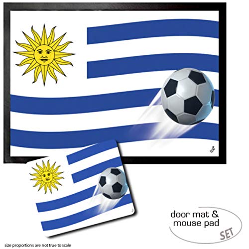 1art1 Fußball, Uruguay Länder-Flagge Fußmatte Dekomatte Innenbereich | Design Türmatte (70x50 cm) + Mauspad (23x19 cm) Geschenkset