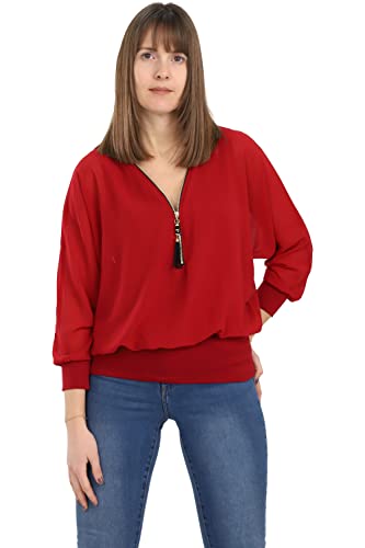 Malito Damen Bluse im Fledermaus Look | Tunika mit Zipper | Kurzarm Blusenshirt mit breitem Bund | Elegant - Shirt 6297 (Bordeaux)