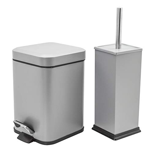 Harbour Housewares Badezimmer-Set - Eckiger Mülleimer aus Stahl mit Pedal & Toilettenbürste - Grau - 3 l
