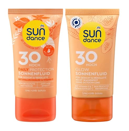 SUNDANCE 2er-Set Sonnenfluid: DAILY PROTECTION mit Hyaluronsäure & Vitamin E, LSF 30 (50 ml) + GLOW Feuchtigkeitspflege für Gesicht & Dekolleté mit Papaya-Extrakt, LSF 30 (50 ml), 100 ml