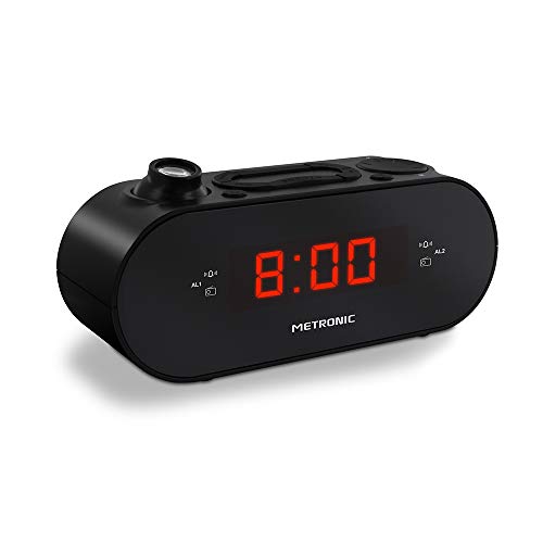 Metronic 477039 Radiowecker FM Projektion Dual Alarm mit Sleep/Snooze-Funktionen, einstellbare Helligkeit und Batterien, Schwarz