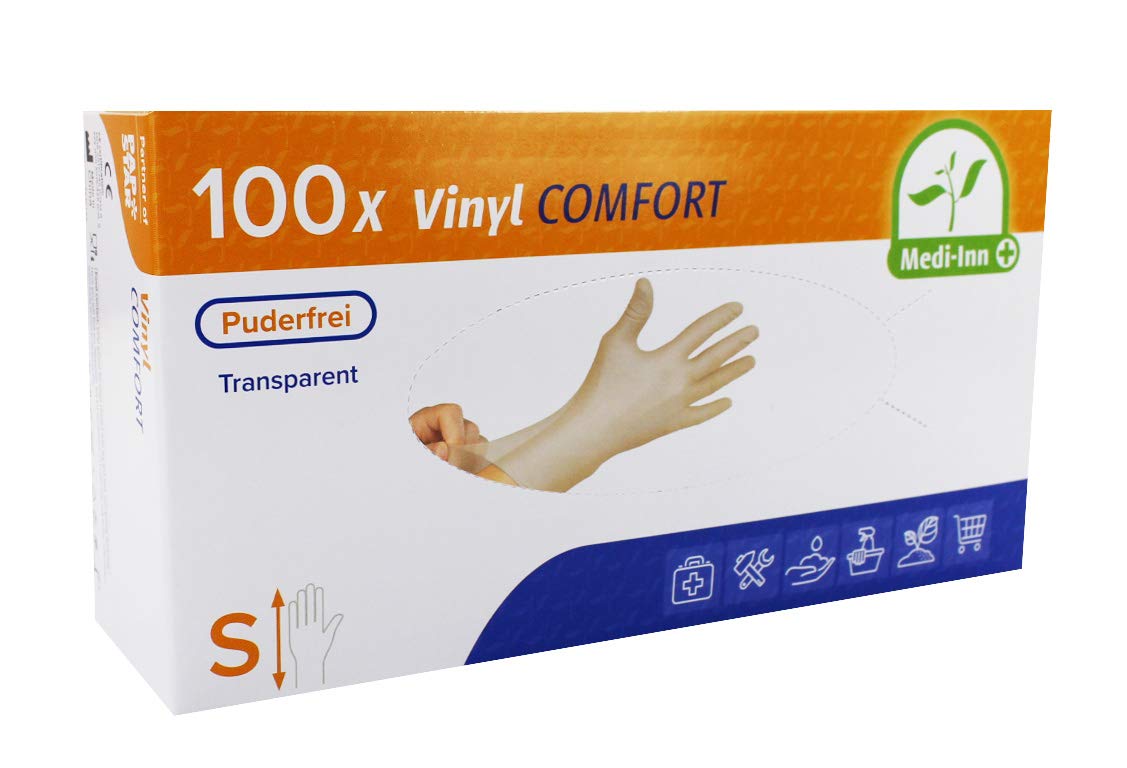 Medi-Inn+ Vinyl puderfrei Einmalhandschuhe Größe S | 1000 Stück | Vinylhandschuhe transparent in praktischer Spenderbox