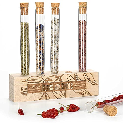 Tuuters Reagenzglashalter - Herbs and Spices - aus Holz mit 5x Reagenzglas als Gewürzregal, Vase