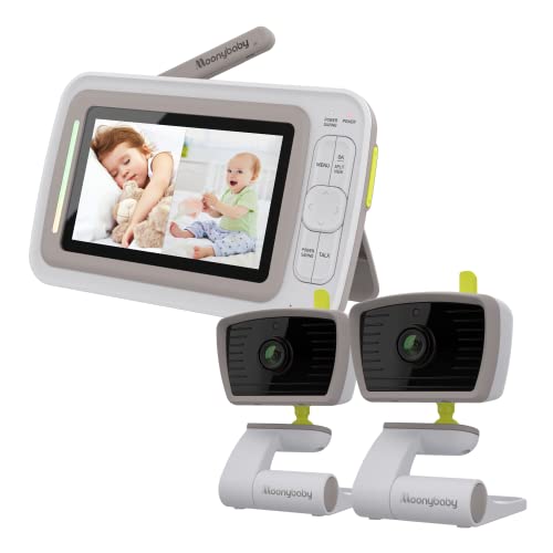 Moonybaby Split 30 Video-Babyphone mit 4,3-Zoll-Split-Bildschirm, Weitwinkel-Nachtsicht, 2,4 GHz, Gegensprechfunktion, Schlaflied, 2x Kameras & Fernanzeige, Monitor con una risoluzione 480x272
