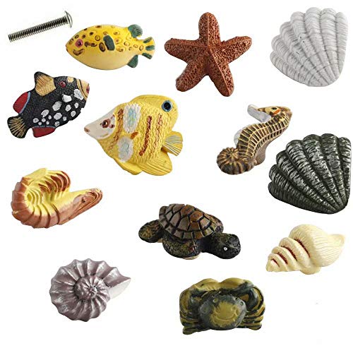 Set mit 12 Muschelknöpfen im maritimen Dekor für Schubladen oder Türen, Knöpfe mit Meeresmotiven, Schildkröten, Muscheln, Seesterne, Fische, Seepferdchen, Krabben, Langusten, Muscheln