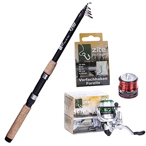 Zite Fishing Forellen Angelset | Teleskoprute 240cm + Angelrolle Bespult mit Ersatzspule + Vorfach-Haken 10 STK | Einsteiger Combo Angelaurüstung