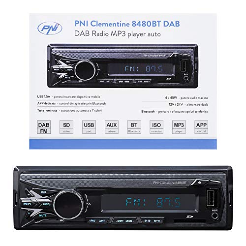 MP3 Autoradio PNI Clementine 8480BT DAB, 4x45w, 12 / 24V, 1 DIN, mit SD, USB, AUX, RCA, Bluetooth und USB 1.5A zum Aufladen des Telefons