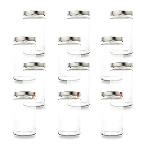 Flaschenbauer - 12er Set Vorratsgläser 720ml | 82mm Deep-Schraubdeckel | Einmachgläser mit Silbernen Deckeln | Perfekte Vorratsdosen aus Glas zum Einkochen & Aufbewahren von Obst, Gemüse und Gewürzen