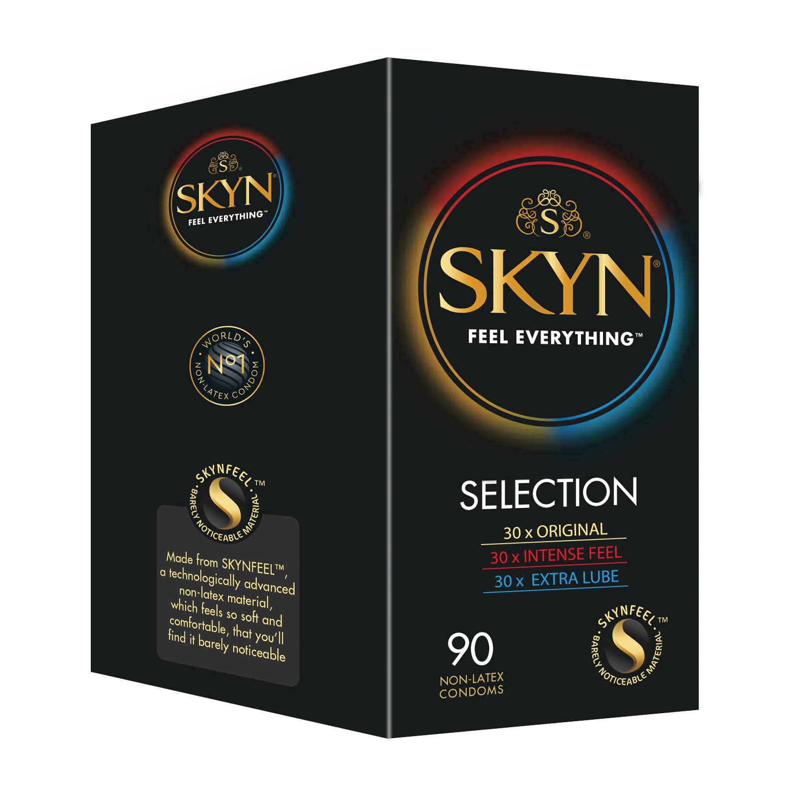 SKYN Selection Sortenbox Set Kondome 90 Stück/Vielfalt Packet mit 30 Original, 30 Intense Feel & 30 Extra Lube Kondome, Gefühlsecht Skynfeel, Extra Dünn, Weich & Feucht
