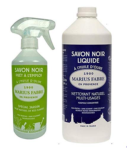 Marius Fabre VORTEILSPAKET: 1 Sprühflasche SAVON NOIR für den Pflanzenschutz (fertig gemischt) 500 ml + 1 Liter Nachfüllflasche Schwarze Seife pur