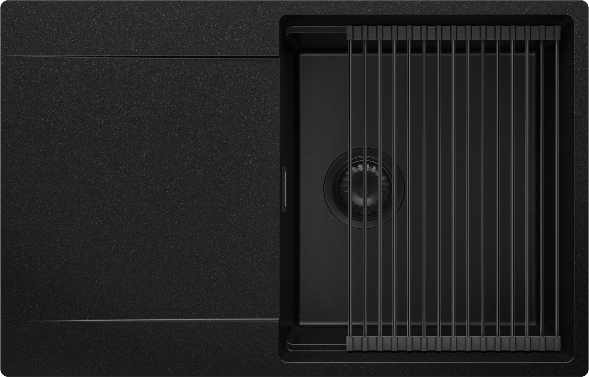 Spülbecken Alles Schwarz 78x50 cm, Granitspüle + Ablauf-Set Schwarz+ Aufrollbare Abtropffläche, Küchenspüle für 50er Unterschrank, Einbauspüle von Primagran