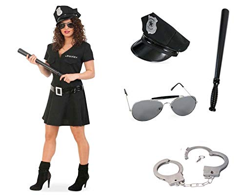 KarnevalsTeufel Kostüm Komplett Paket Police Woman, schwarz, Officer, Cop Uniform Polizistin Damenkostüm Special Agent Karneval, Polizei 5 Teile (40)